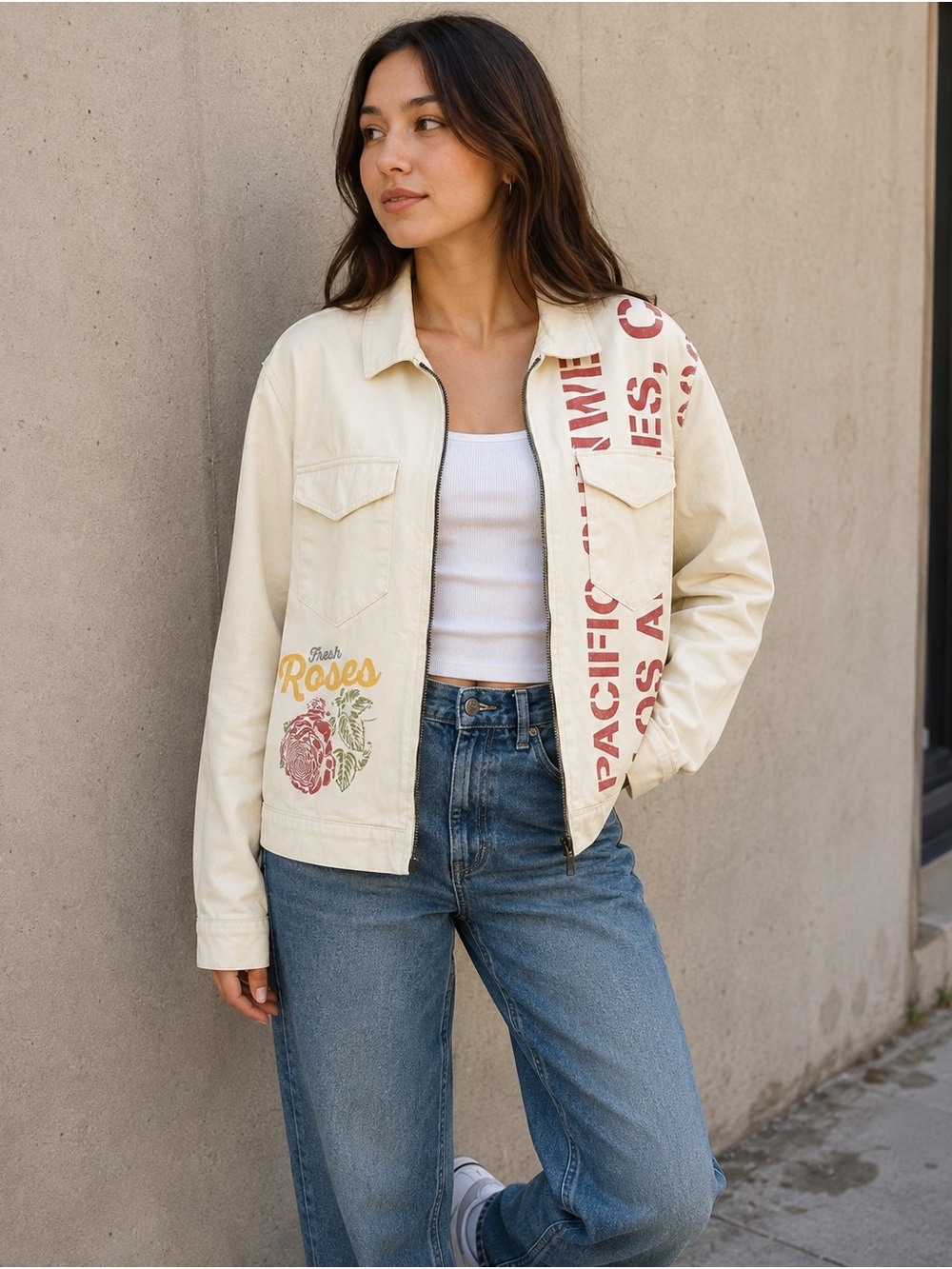 PacSun Fresh Roses Graphic Zip-Up Jacket Size Small